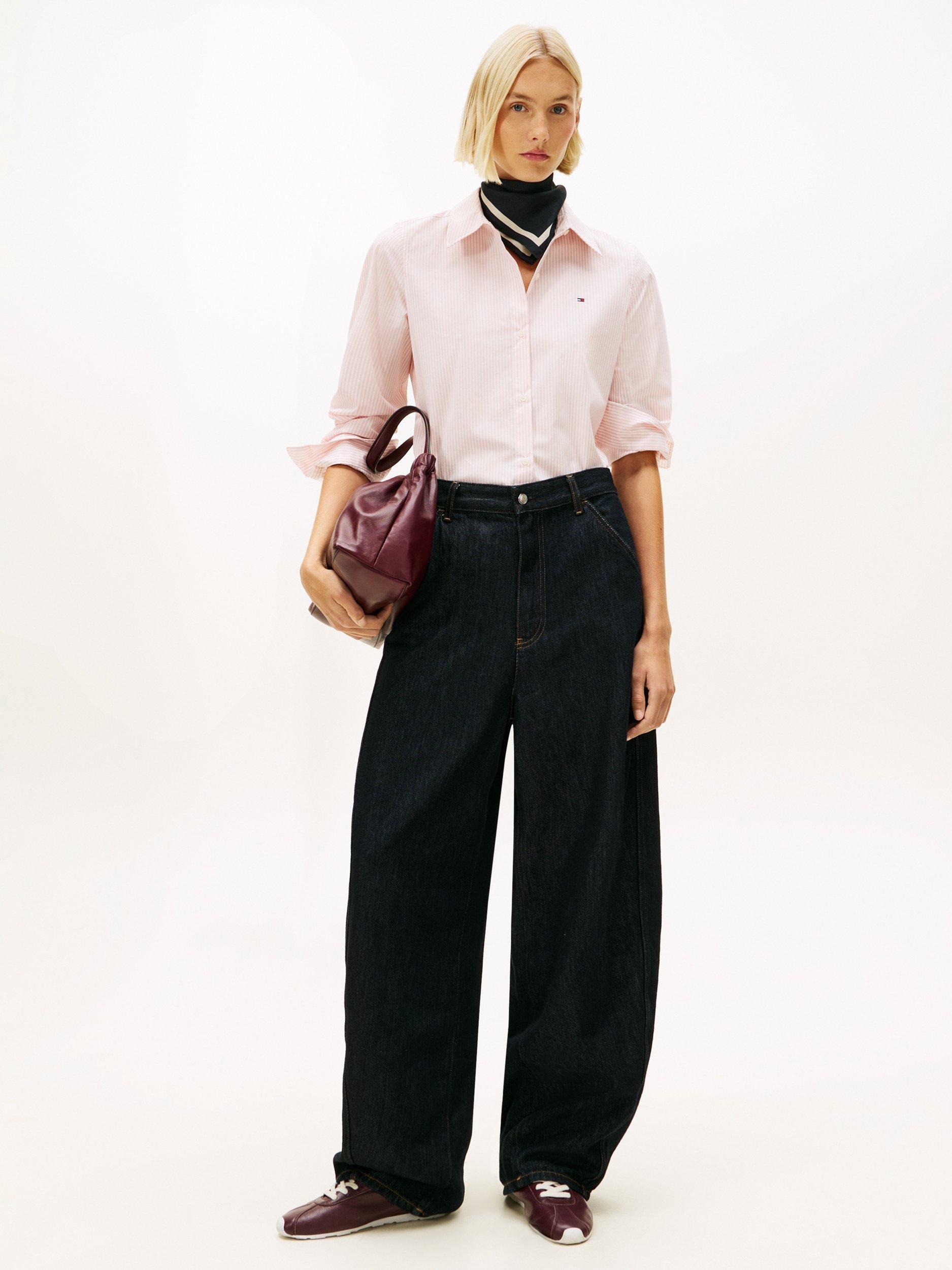 Product image 3 of 5, which shows Tommy Hilfiger Essential Poplin Regular Fit Stripe Shirt, Pink/Multi, 4