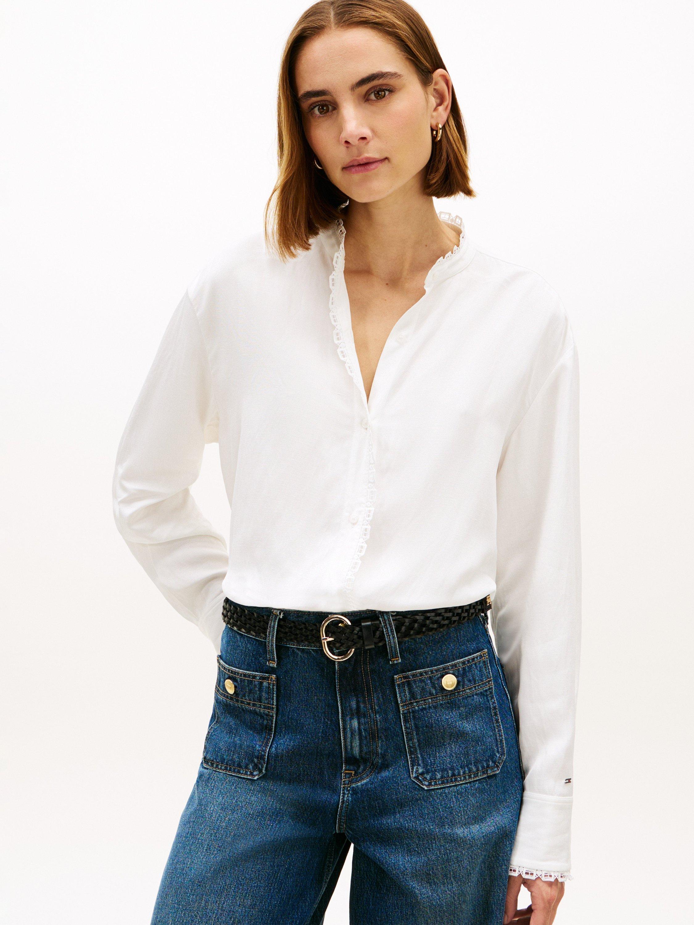 Product image 1 of 5, which shows Tommy Hilfiger Oversized Lace Trim Shirt, Ecru, 4