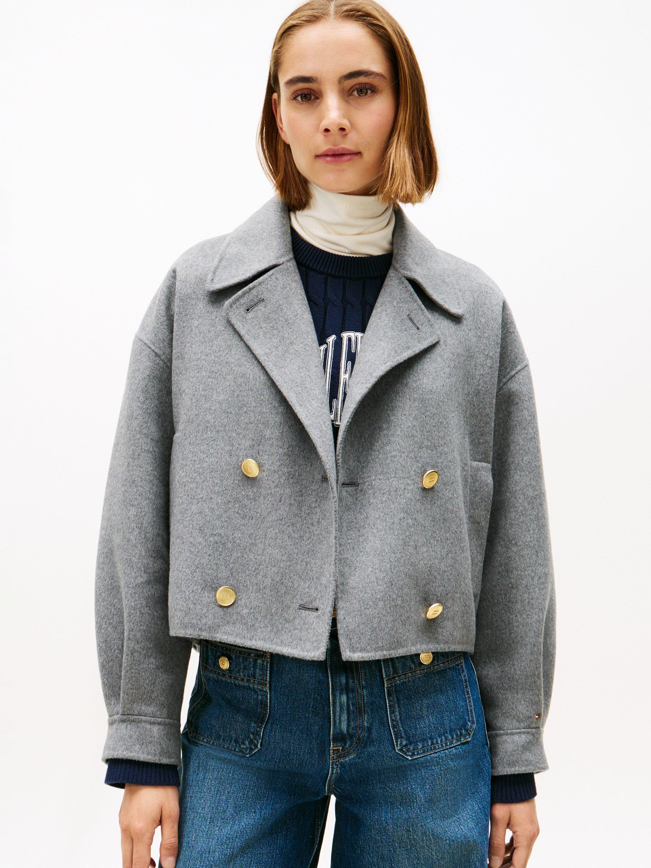 Product image 1 of 6, which shows Tommy Hilfiger Double Faced Wool Blend Coat, Med Heather Grey, 4