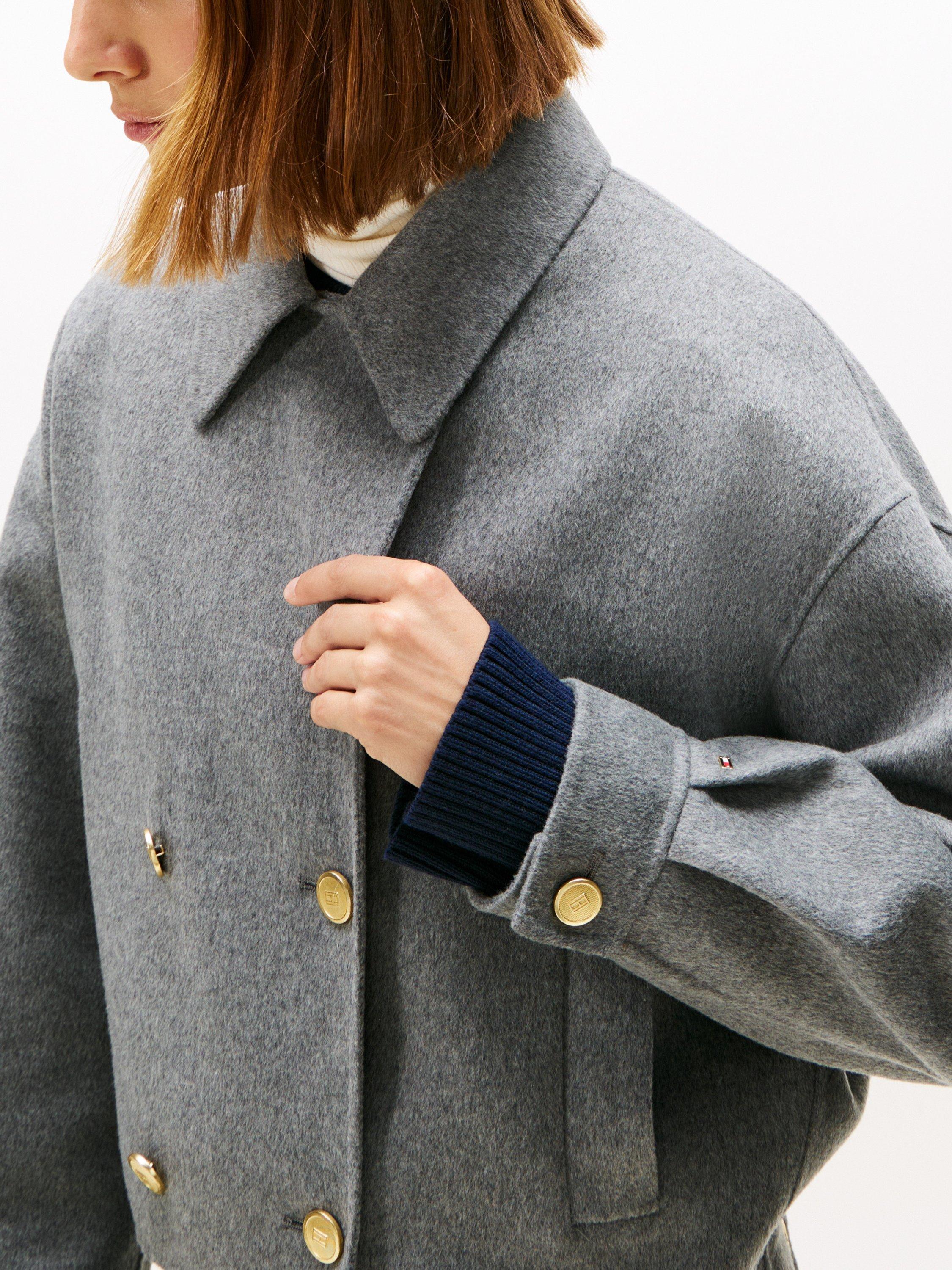 Product image 4 of 6, which shows Tommy Hilfiger Double Faced Wool Blend Coat, Med Heather Grey, 4