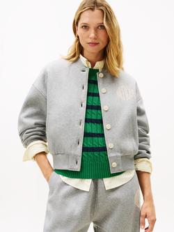 Tommy Hilfiger Varsity Logo Fleece Bomber Cardigan, Med Heather Grey