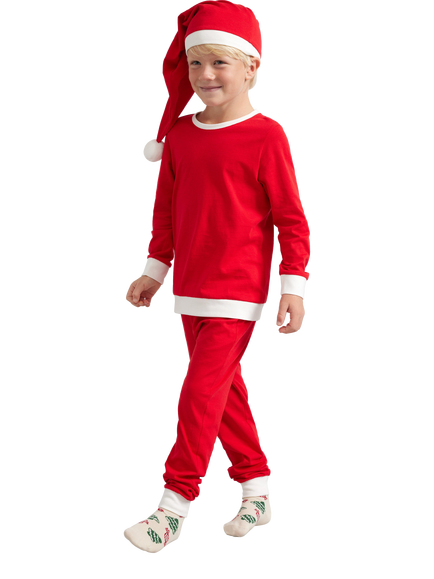 Lindex Kids' Cotton Christmas Pyjama Set & Hat, Red - view 2, Red