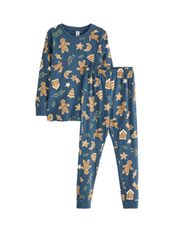 Lindex Kids' Cotton Gingerbread Shapes Pyjama Set, Dark Blue, Dark Blue