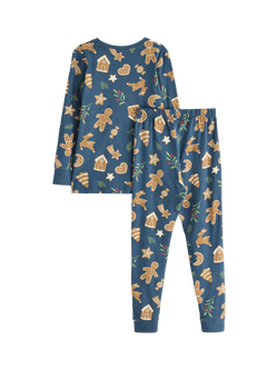 Lindex Kids' Cotton Gingerbread Shapes Pyjama Set, Dark Blue - view 2, Dark Blue