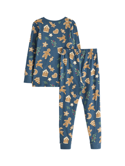 Lindex Kids' Cotton Gingerbread Shapes Pyjama Set, Dark Blue - view 2, Dark Blue