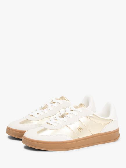 Tommy Hilfiger TH Monogram Metallic Leather Trainers, Ecru/Gold - view 2, Ecru/Gold
