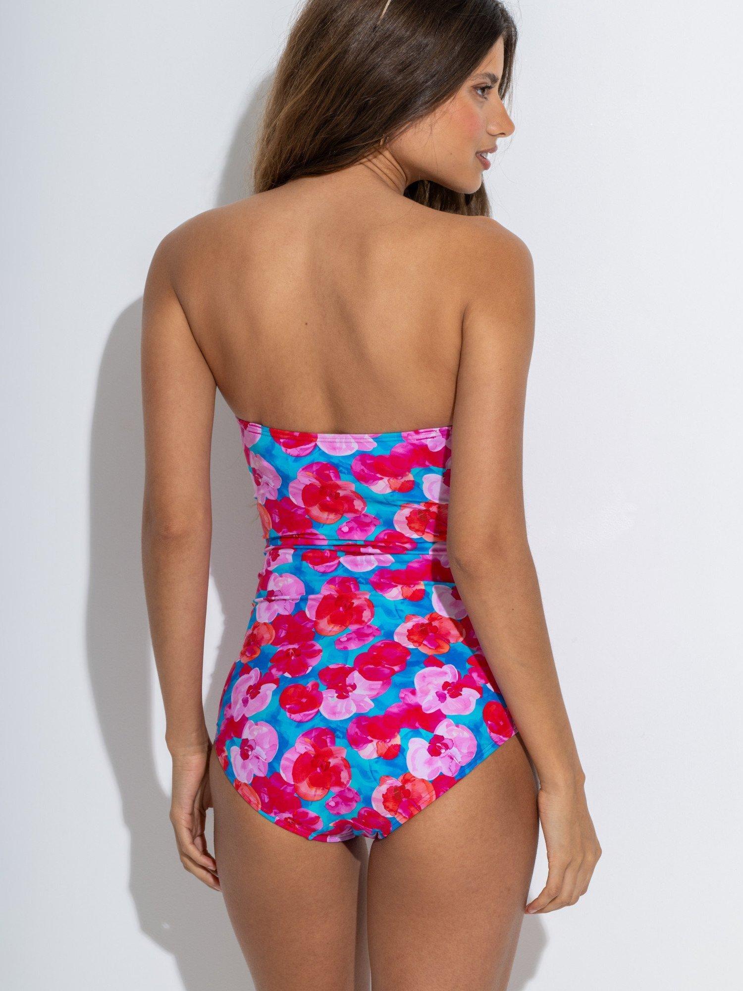 Product image 4 of 6, which shows Pour Moi Santa Monica Strapless Tummy Control Swimsuit, Blue/Pink, 10