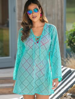Pour Moi Crochet Lace Long Sleeve Beach Cover Up, Aqua - view 2, Aqua