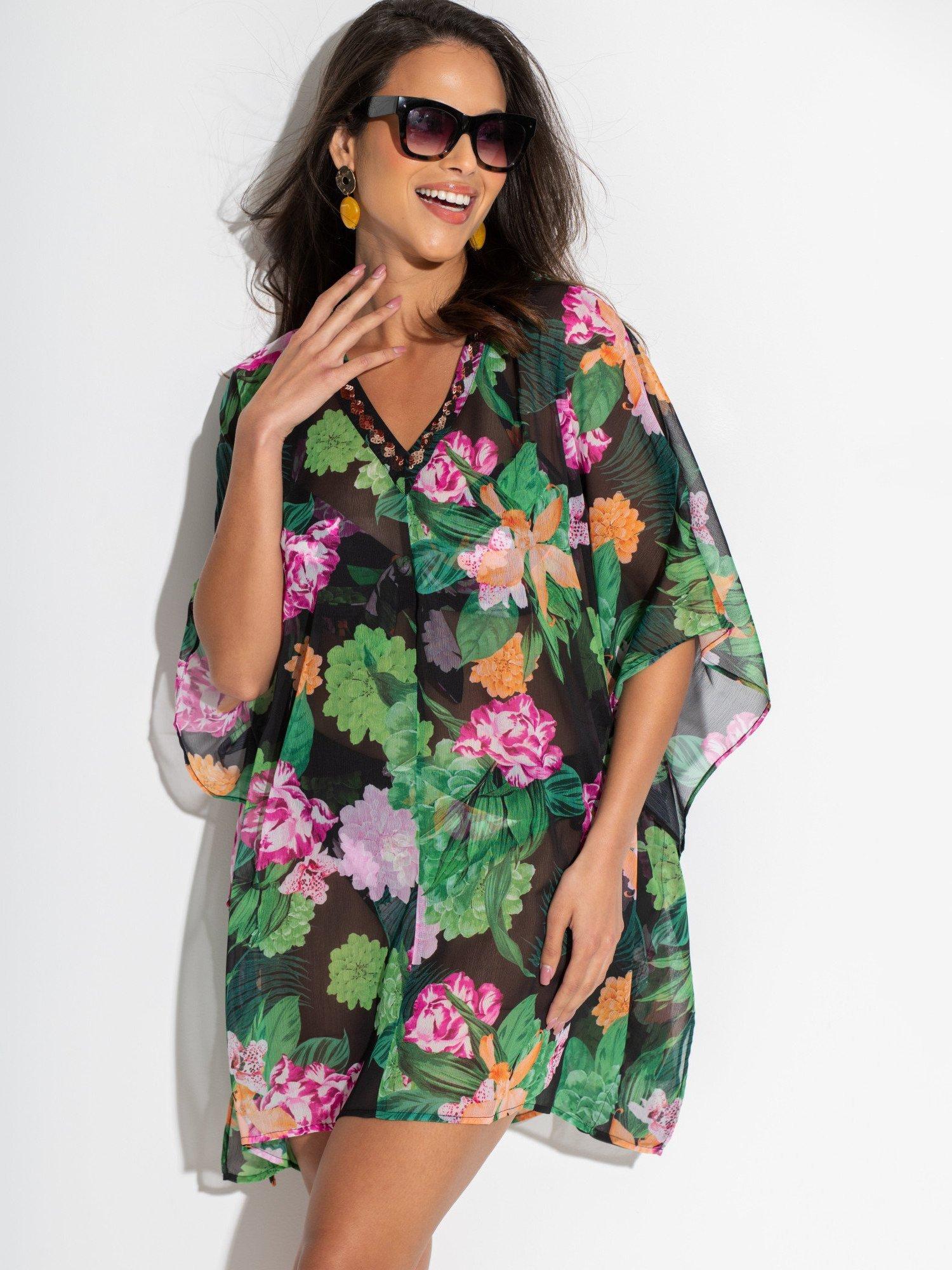 Product image 1 of 8, which shows Pour Moi Chiffon V-Neck Embellished Kaftan, Green/Multi, 8-10