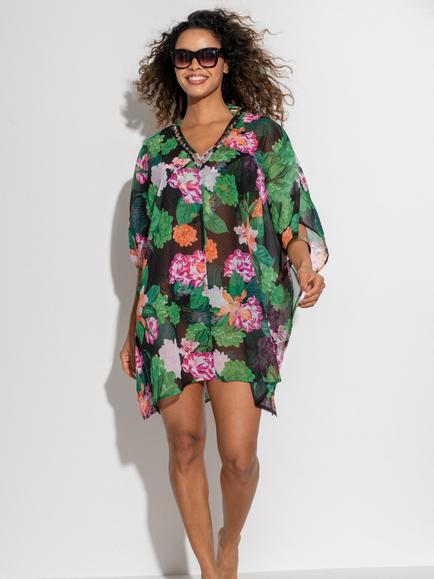 Pour Moi Chiffon V-Neck Embellished Kaftan, Green/Multi - view 2, Green/Multi