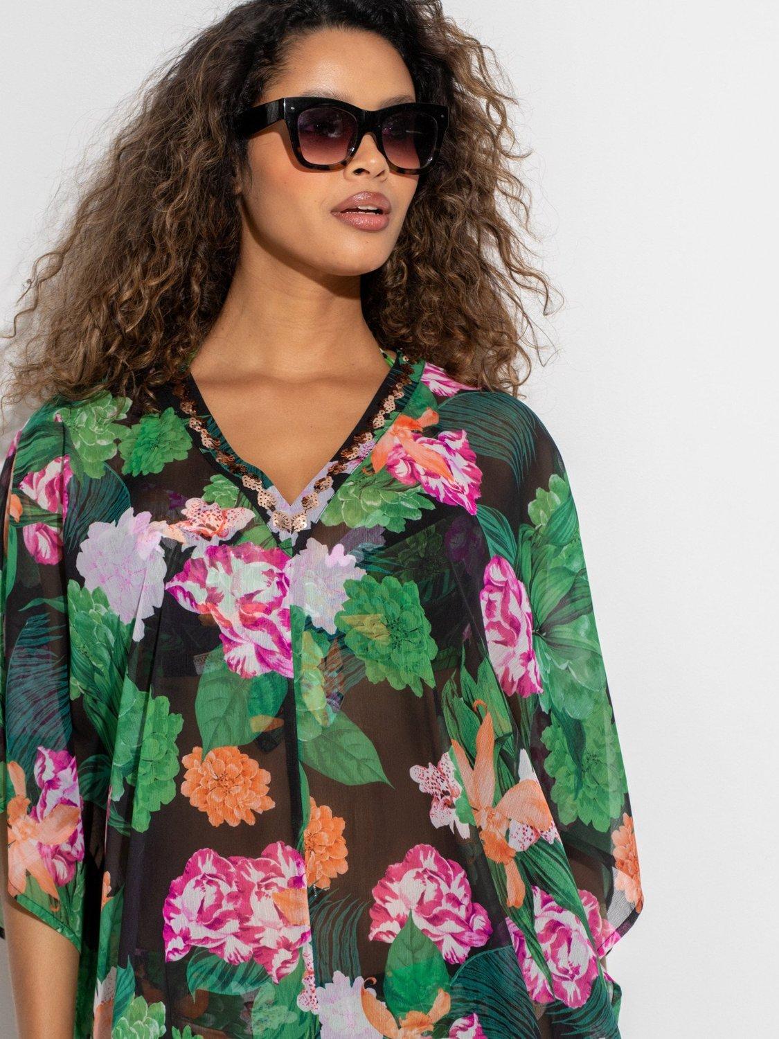 Product image 3 of 8, which shows Pour Moi Chiffon V-Neck Embellished Kaftan, Green/Multi, 8-10