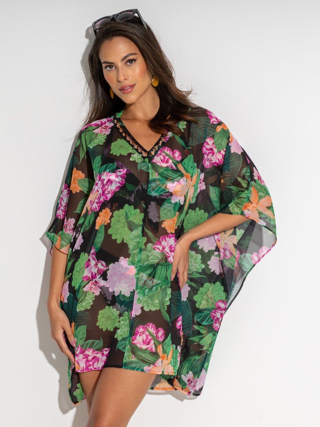 Product image 4 of 8, which shows Pour Moi Chiffon V-Neck Embellished Kaftan, Green/Multi, 8-10