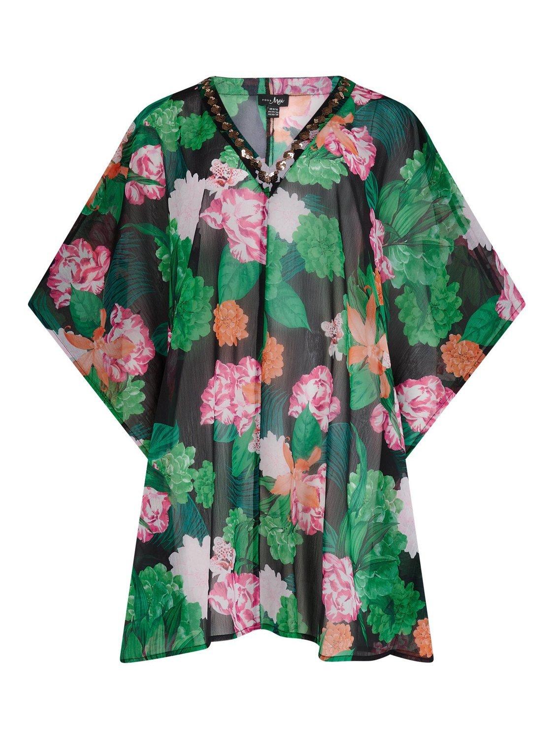 Product image 7 of 8, which shows Pour Moi Chiffon V-Neck Embellished Kaftan, Green/Multi, 8-10