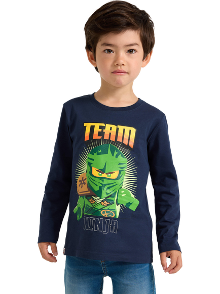 Lindex Kids' Cotton Long Sleeve Ninjago T-Shirt, Dark Blue, Dark Blue