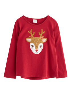 Lindex Kids' Cotton Reindeer Long Sleeve Top, Dark Red, Dark Red