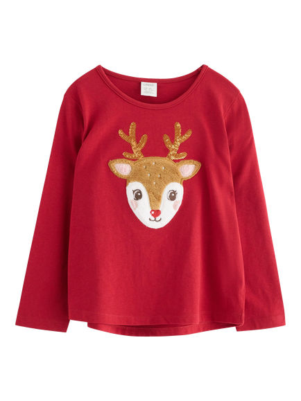 Lindex Kids' Cotton Reindeer Long Sleeve Top, Dark Red, Dark Red