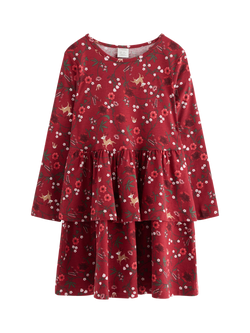 Lindex Kids' Cotton Floral Long Sleeve Dress, Dark Dusty Red, Dark Dusty Red