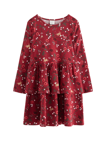 Lindex Kids' Cotton Floral Long Sleeve Dress, Dark Dusty Red, Dark Dusty Red