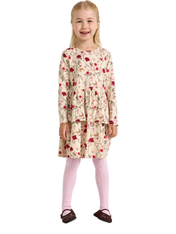Lindex Kids' Cotton Floral Tiered Dress, Beige, Beige