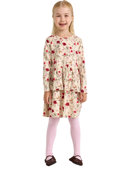 Lindex Kids' Cotton Floral Tiered Dress, Beige, Beige