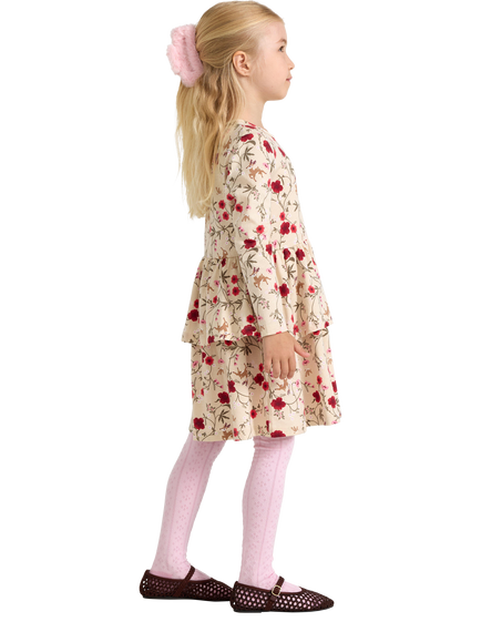 Lindex Kids' Cotton Floral Tiered Dress, Beige - view 2, Beige