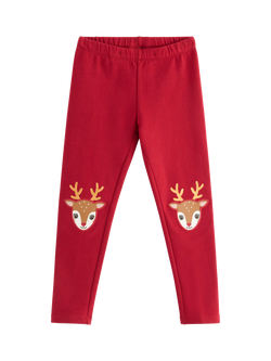 Lindex Kids' Reindeer Applique Leggings, Dark Red, Dark Red