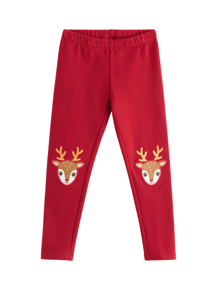 Lindex Kids' Reindeer Applique Leggings, Dark Red, Dark Red