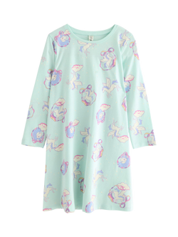 Lindex Kids' Cotton Unicorn Print Long Sleeve Night Dress, Light Aqua, Light Aqua