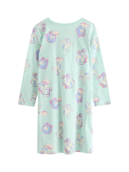 Lindex Kids' Cotton Unicorn Print Long Sleeve Night Dress, Light Aqua - view 2, Light Aqua