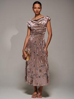 Jolie Moi Draped Cowl Velvet Dress, Neutral Floral