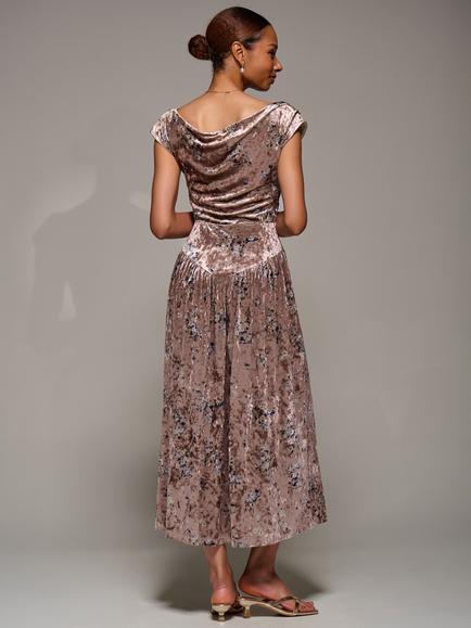 Jolie Moi Draped Cowl Velvet Dress - view 2, Neutral Floral