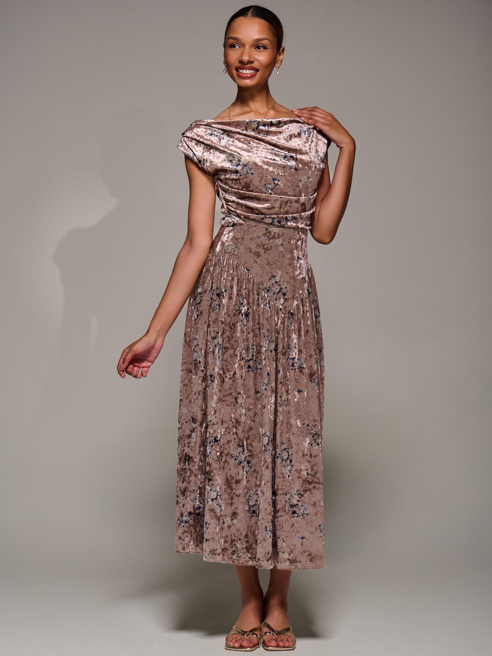 Jolie Moi Draped Cowl Velvet Dress, Neutral Floral
