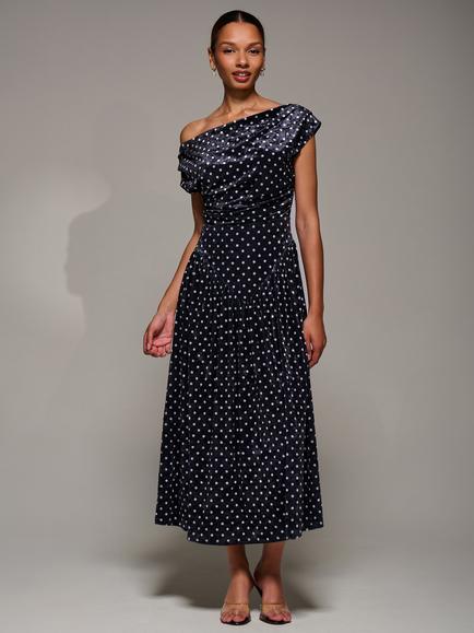 Jolie Moi Draped Cowl Velvet Dress, Black Polka Dot