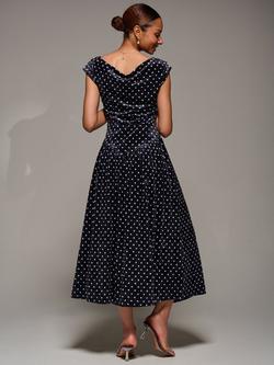 Jolie Moi Draped Cowl Velvet Dress - view 2, Black Polka Dot