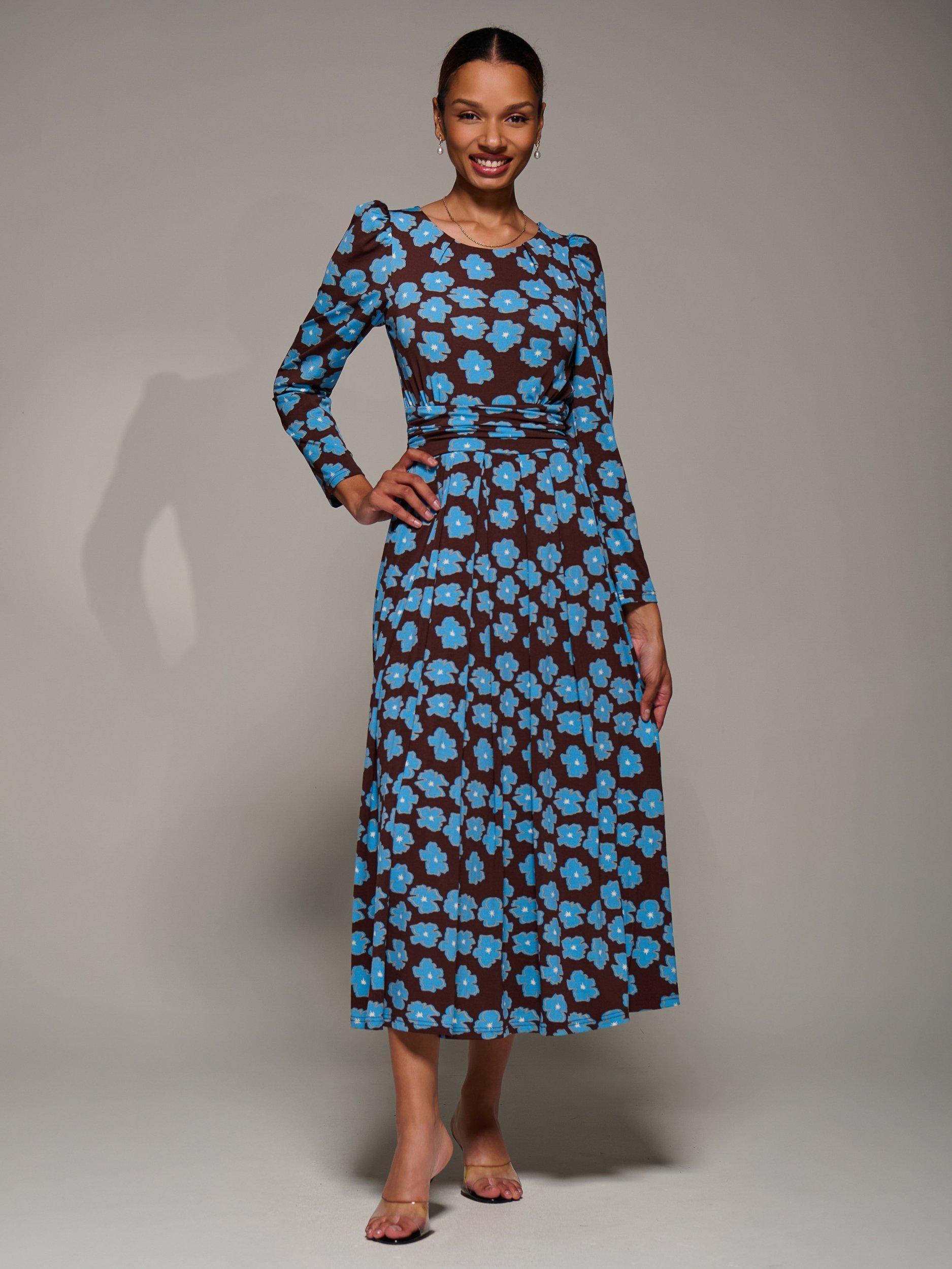Product image 1 of 7, which shows Jolie Moi Jersey Puff Sleeve Dress, Blue Floral, 8
