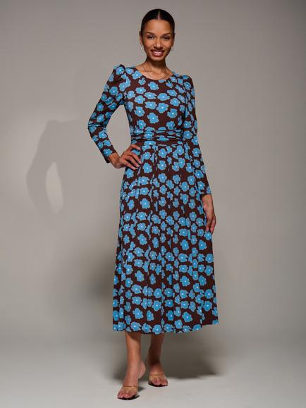 Jolie Moi Jersey Puff Sleeve Dress, Blue Floral