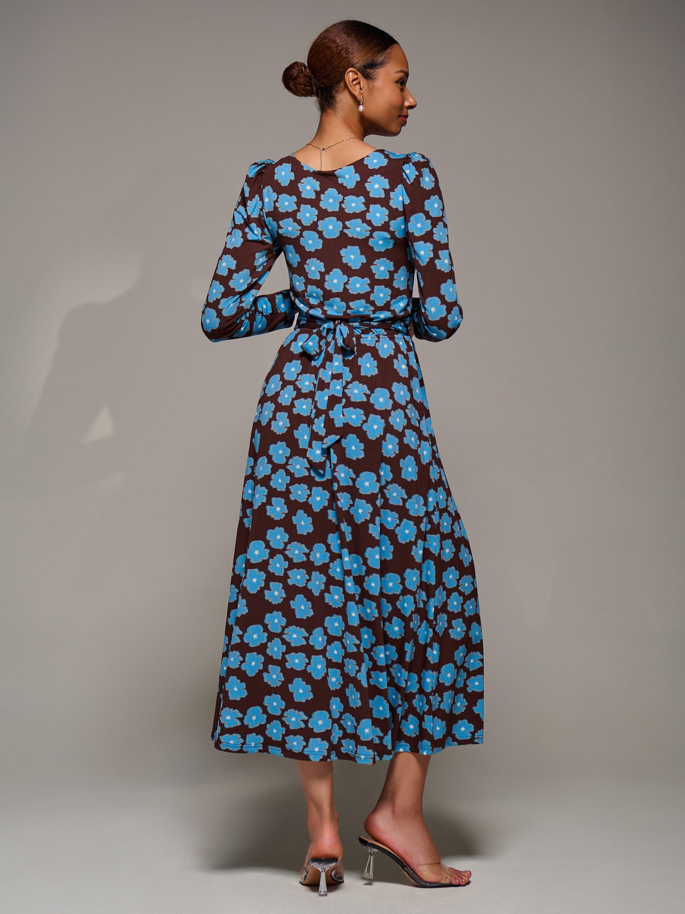 Product image 2 of 7, which shows Jolie Moi Jersey Puff Sleeve Dress, Blue Floral, 8