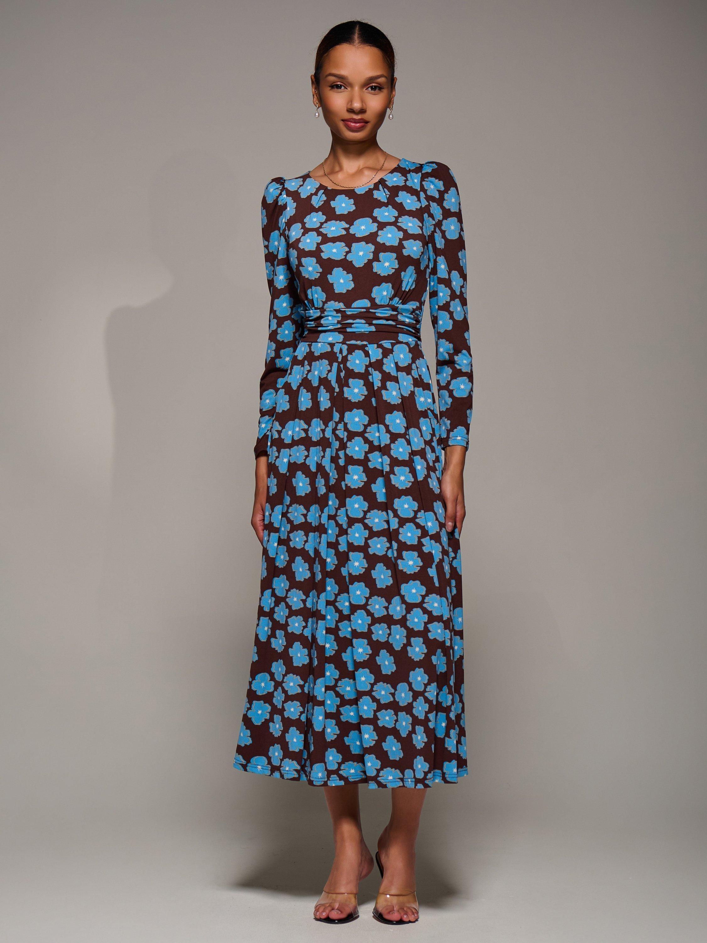 Product image 3 of 7, which shows Jolie Moi Jersey Puff Sleeve Dress, Blue Floral, 8
