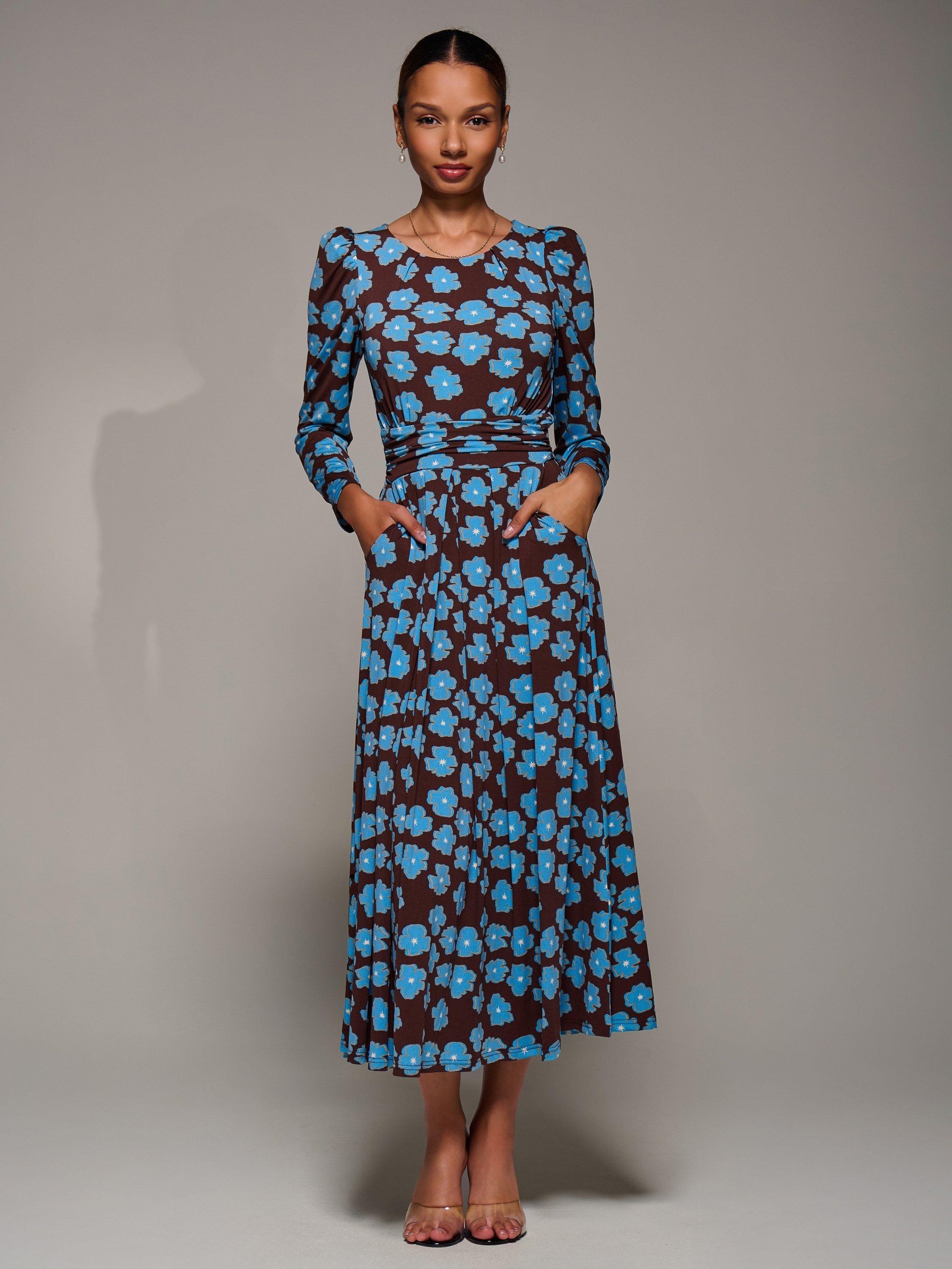 Product image 5 of 7, which shows Jolie Moi Jersey Puff Sleeve Dress, Blue Floral, 8