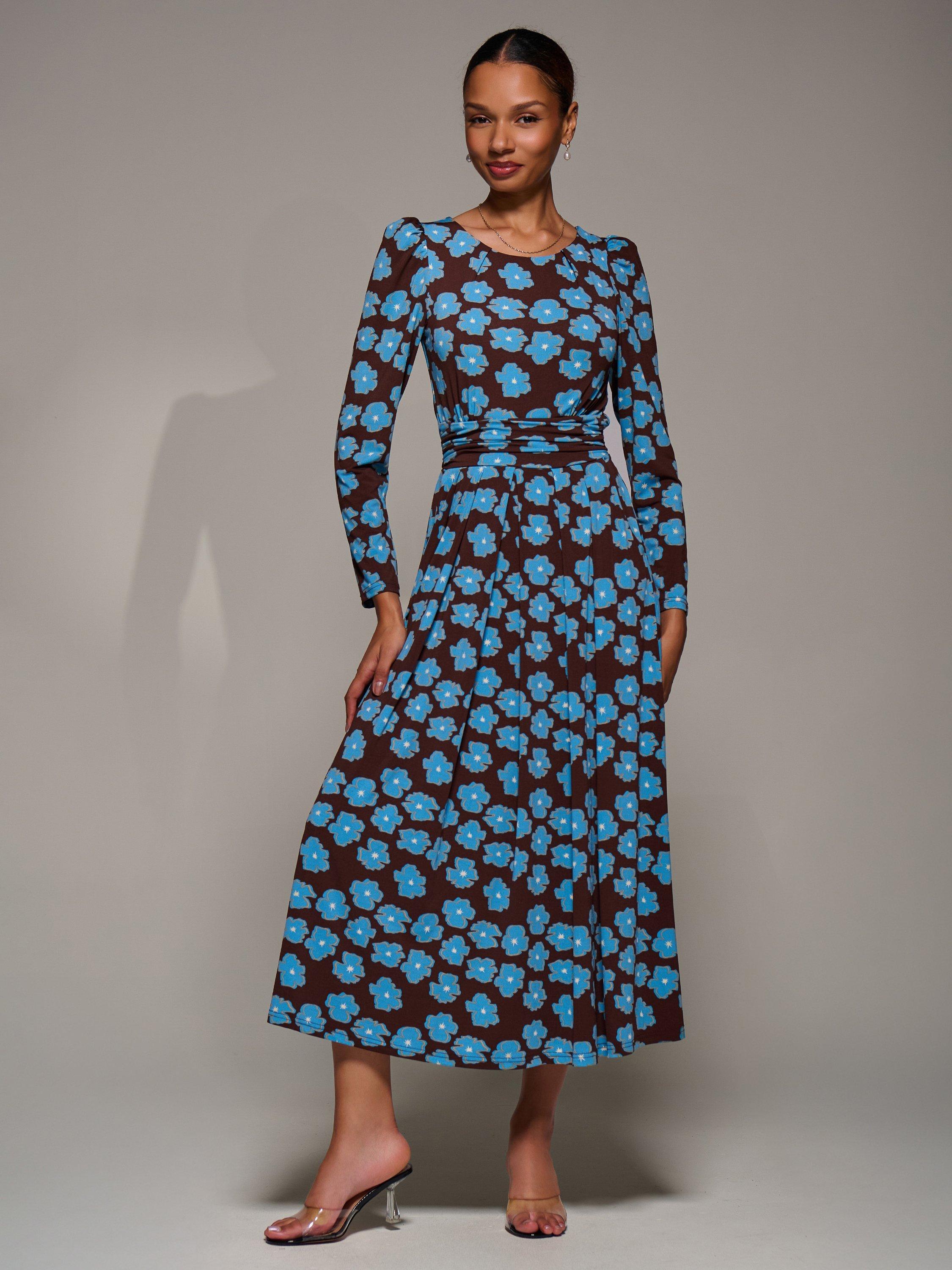 Product image 6 of 7, which shows Jolie Moi Jersey Puff Sleeve Dress, Blue Floral, 8