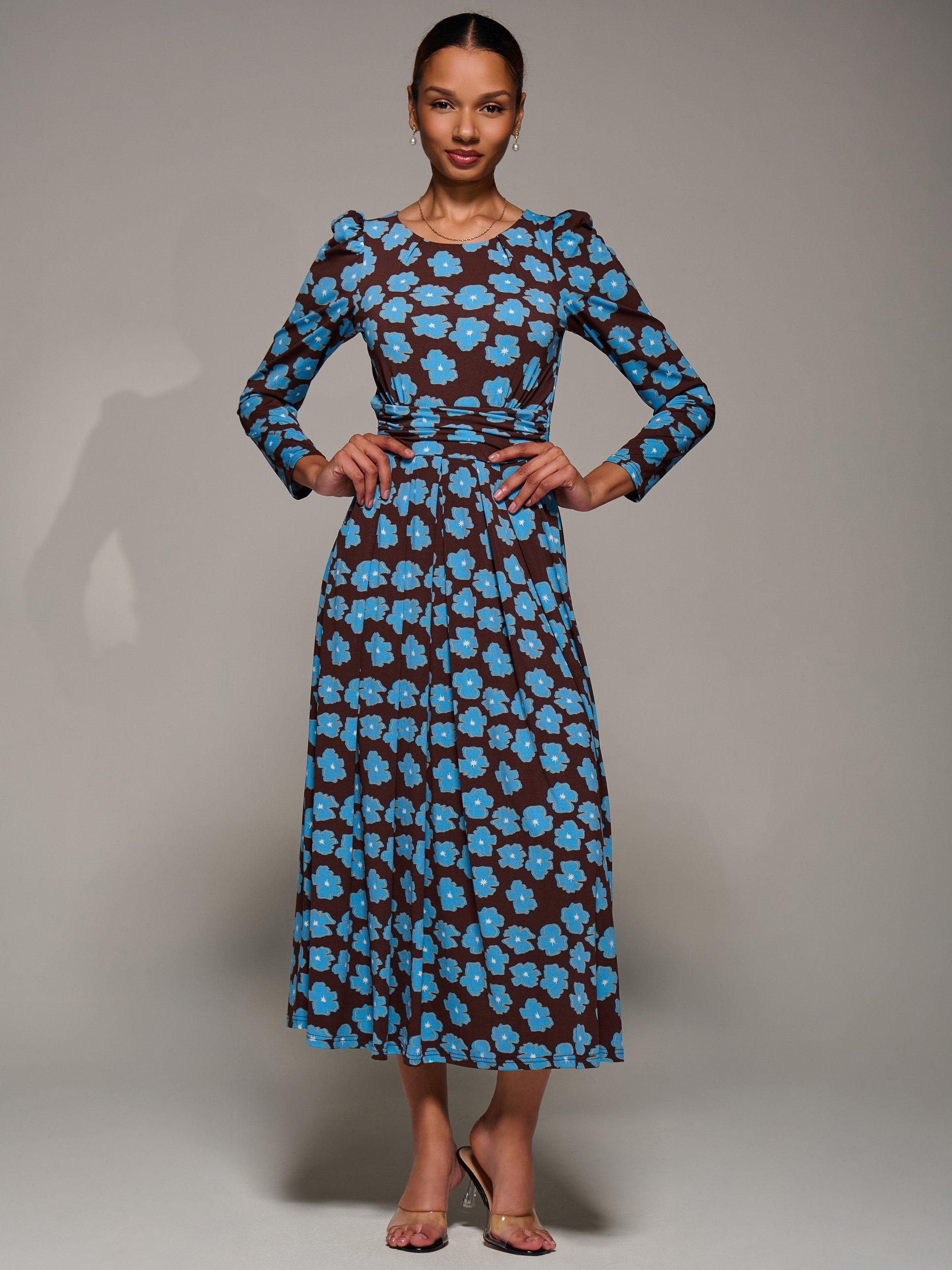 Product image 7 of 7, which shows Jolie Moi Jersey Puff Sleeve Dress, Blue Floral, 8