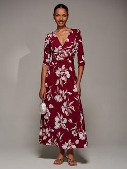 Jolie Moi Jersey Ruched Flare Dress, Burgundy Floral, Burgundy Floral