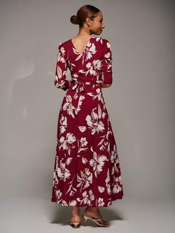 Jolie Moi Jersey Ruched Flare Dress, Burgundy Floral - view 2, Burgundy Floral