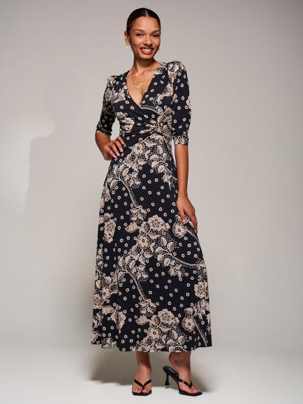 Jolie Moi Ruched Waist Jersey Dress, Black/Multi