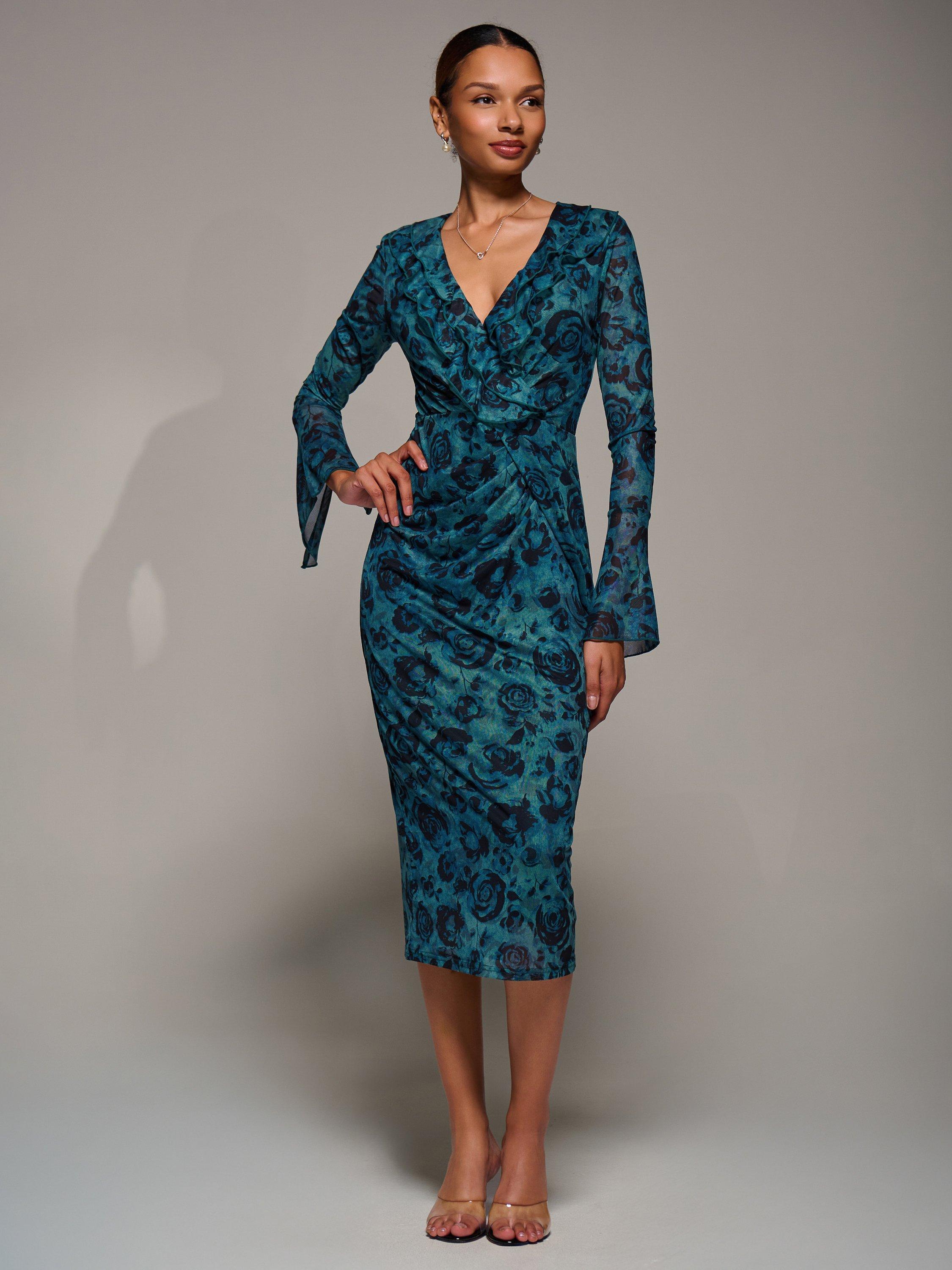 Product image 1 of 7, which shows Jolie Moi Ruffle Mesh Bodycon Midi Dress, Teal/Black, 8