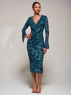 Jolie Moi Ruffle Mesh Bodycon Midi Dress, Teal/Black