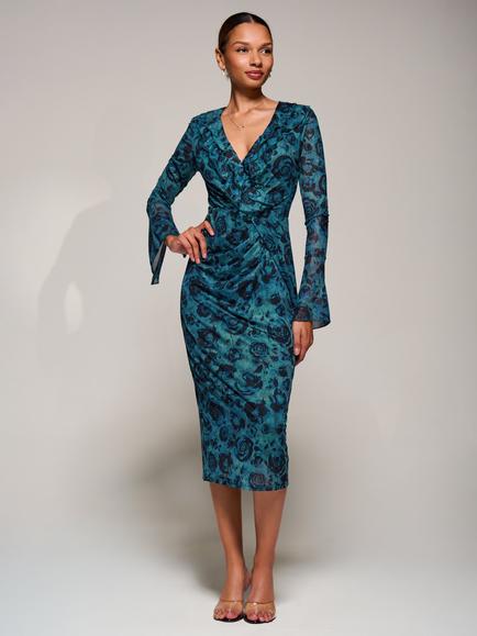 Jolie Moi Ruffle Mesh Bodycon Midi Dress, Teal/Black