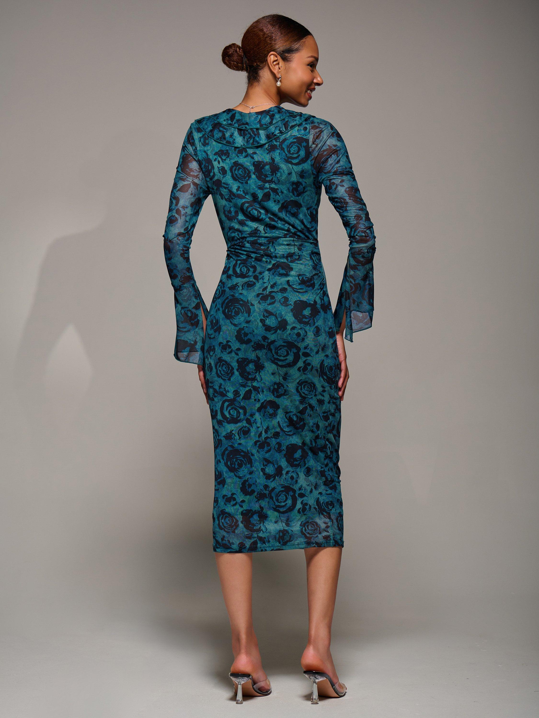 Product image 2 of 7, which shows Jolie Moi Ruffle Mesh Bodycon Midi Dress, Teal/Black, 8