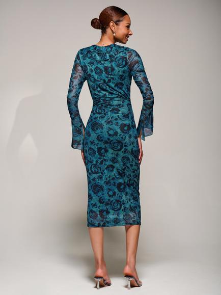 Jolie Moi Ruffle Mesh Bodycon Midi Dress - view 2, Teal/Black