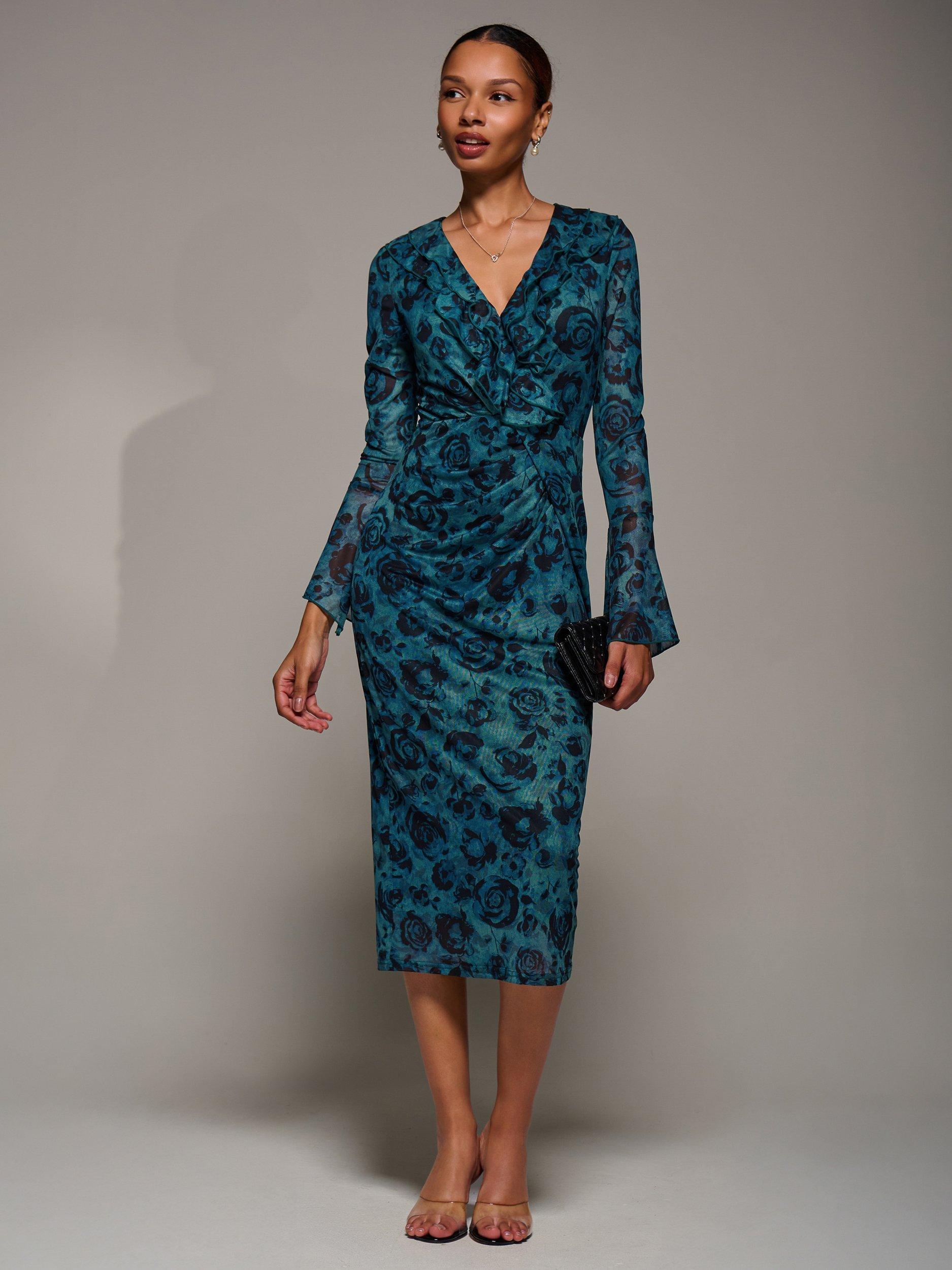 Product image 3 of 7, which shows Jolie Moi Ruffle Mesh Bodycon Midi Dress, Teal/Black, 8